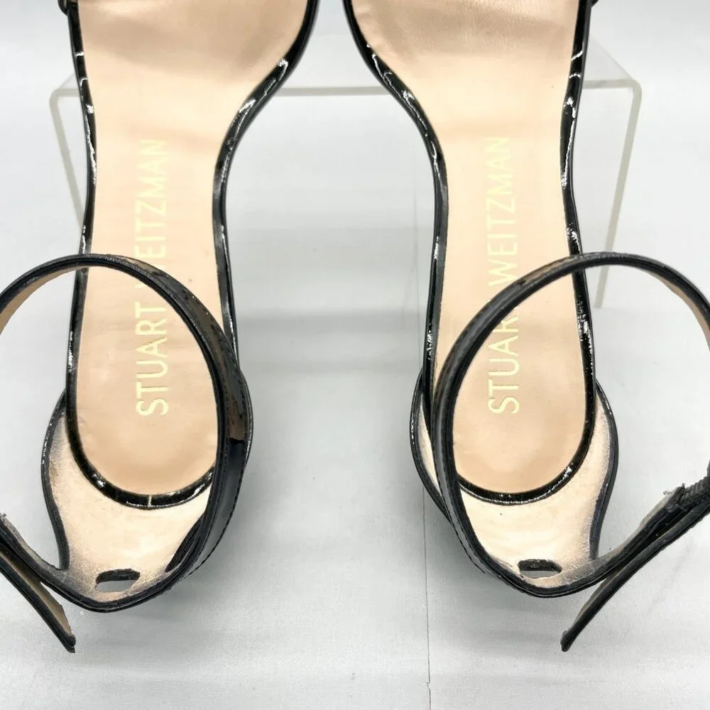 Stuart Weitzman Nudistcurve Black Patent Leather Strappy Stiletto Heel - Picture 9 of 14